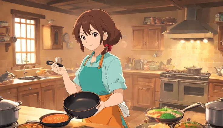 flat anime style shading, anime woman, anime-style character, Flat anime style,house wife、There is a frying pan, Brown hair, aprons, powerful posing、kitchin, Powerful anime girl,illustratio、