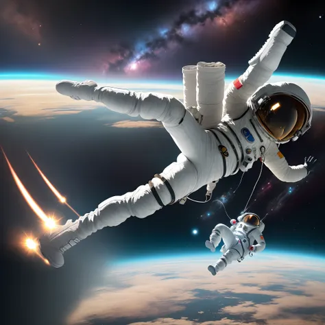 Man falling endlessly into space dressed as an astronaut imagining.