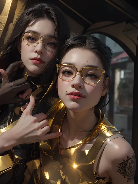 gold tattoos with a girl in rain with golden earrings, in the style of vray tracing, martin ansin, yuumei, poured, close up, dark white and gold, speedpainting, masterpiece, best quality,