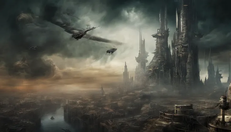 (sci fi art:1.5), Sci-fi post-apocalyptic world, (flying city:1.7), A white flying castle is located above, (The huge mechanism spews smoke:1.3), Panoramic view, Clouds of smoke, dark cloude, (Masterpiece), (Vivid colors:1.6)