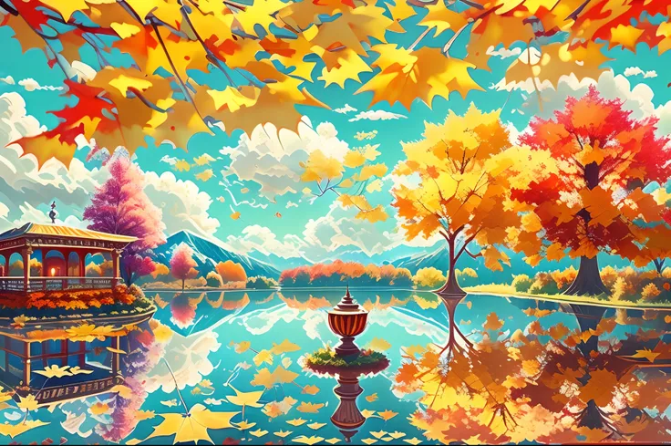 (best quality), (masterpiece:1.3), fantastic magic world, autumn clouds, scattered clouds, scenic center, clear cloud sky, water...