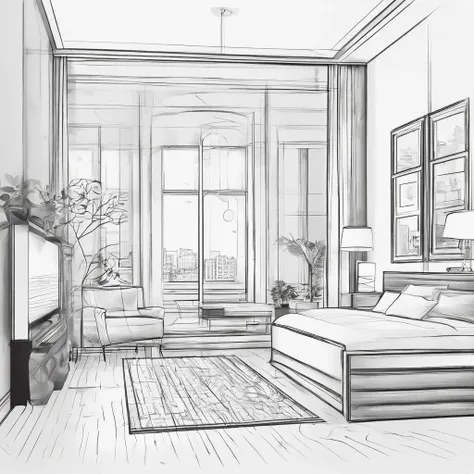 The rooms have windows, in a bedroom, In a bright room, in the room, Draw minimalist lines, lightroom (lightroom (Light Room)), In the style of simplified realism,  Location of the apartment, Inside the bedroom, Flat perspective, In a bright room, The inte...