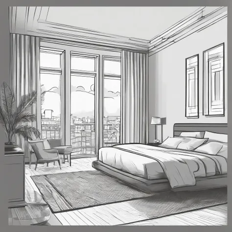 The rooms have windows, in a bedroom, In a bright room, in the room, Draw minimalist lines, lightroom (lightroom (Light Room)), In the style of simplified realism,  Location of the apartment, Inside the bedroom, Flat perspective, In a bright room, The inte...