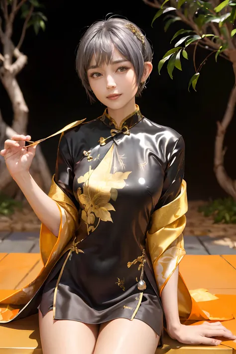 ((top-quality、8K、​masterpiece:1.3)), (Beautiful pattern of gold leaf,  Black shiny cloth, Cheongsam trimmed in orange:1.5), Clear, Fine-grained skin、Beautiful clear eyes、cleavage of the breast、Carefree and natural smile、(a pixie cut,Silver hair:1.5)、(Hair ...