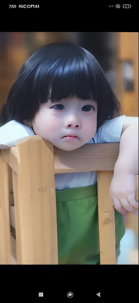 there is a small child that is sitting on a wooden fence, with round cheeks, she has a distant expression, she has a cute expressive face, mischievous expression, inspired by Nara Yoshitomo, cute expression, wan adorable korean face, intense expression, cu...