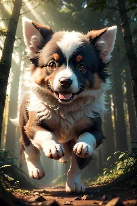 foto em close-up de um filhote de cachorro Border collie da cor preto com branco pulando muito bonito na floresta, soft volumetric lights (retroiluminação: 1.3), (kinematics: 1.2), detalhes intrincados (art-station: 1.3), Rutkowski, 4k