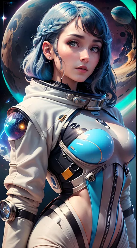 (Innovative design)、Create ultra-detailed and futuristic images of beauty astronauts,(Ultra-futuristic design spacesuit) 、(((((Spacesuit with clear body lines)))))、age19、Colossal tits、Earth Eye、Photorealsitic、high-level image quality、Raw photo、8K、Hairstyle...