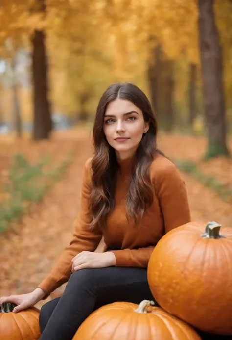 A girl sits on a large pumpkin, autumn, leaves, bokeh background, Pumpkin in the middle of the path