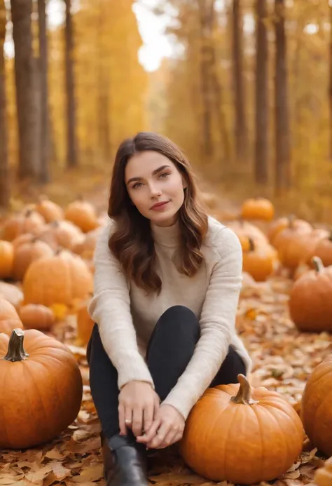 A girl sits on a large pumpkin, autumn, leaves, bokeh background, Pumpkin in the middle of the path