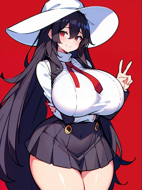 Best quality, (masterpiece:1.2), 1girl, super tall, black turtleneck sweater, no sleeves, super long curly black hair, super curly bangs, white sunhat, white pleated skirt, red shoulder bag, suspenders, dark tone skin, red background, (super massive breast...