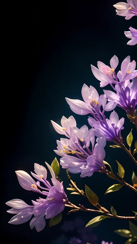 branch of delicate lilac flowers, super transparent, holy light, beautiful spectral light, petals glow, flashing, dark background, drops of transparent light, reflective light, bright, light streaming in, optics, portrait profile, sharp focus, magical, int...