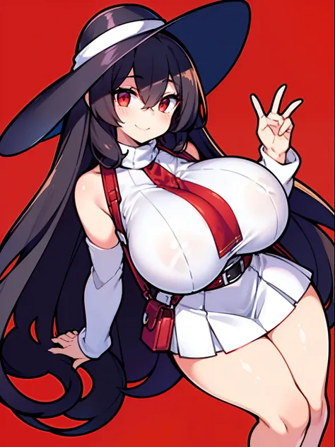 Best quality, (masterpiece:1.2), 1girl, super tall, black turtleneck sweater, no sleeves, super long curly black hair, super curly bangs, white sunhat, white pleated skirt, red shoulder bag, suspenders, dark tone skin, red background, (super massive breast...