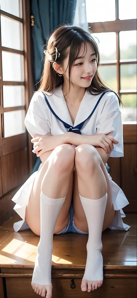 8K、top-quality、​masterpiece:1.2、Real 1.5、Realistic 1.5、Photorealsitic:1.3、18year old、girl with:1.5、Colossal tits:1.5、a sailor suit、校服、student clothes、a miniskirt、Panties visible from the skirt、cute little、A smile:1.2、sitting on、Opening legs、Open legs、Panty...