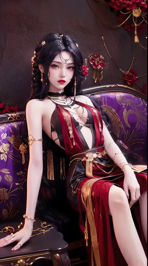 1 beautiful and sexy 20 year old girl, ((wearing a super thin red dress:1.6)), dress with diamonds, ((long purple-black hair:1.6)), bangs, elaborate jewelry made from stones noble and beautiful hair, ((wearing a black lace necklace:1.4))), noble, noble sty...