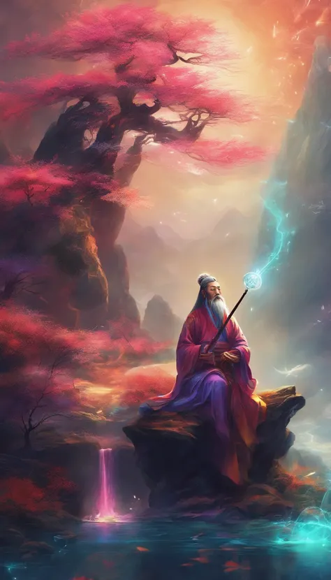 Close-up of a young Chinese Taoist leader sitting on a stone,long whitr hair，lbeard，Meditation cross-legged，Daoism, wearing gorgeous robes，magic aura，Taoist master,Taoist，at centre，staring right into camera，Very bright colors, Light particles, with light g...