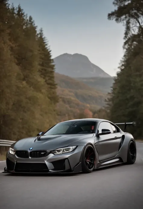 BMW with liberty walk bodykit, walk in motion on a scenic road, Masterpiece, realistic, hd, modified, nismo, hi performance, high speed, Full car, Don’t make photos too cartoony. Showing the integration between the car and the environment.