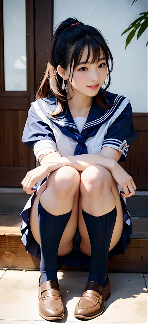 8K、top-quality、​masterpiece:1.2、Real 1.5、Realistic 1.5、Photorealsitic:1.3、18year old、girl with:1.5、Colossal tits:1.5、a sailor suit、校服、student clothes、a miniskirt、Panties visible from the skirt、cute little、A smile:1.2、sitting on、Opening legs、Open legs、Panty...