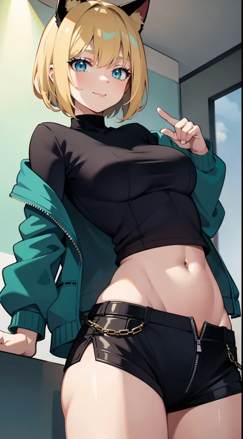 young girl, short blonde hair, turquoise eyes, Smile, cat ears, Black Top, black shorts, green jacket, open belly, zipper, Masterpiece, hiquality, 4k, HD, Good detail