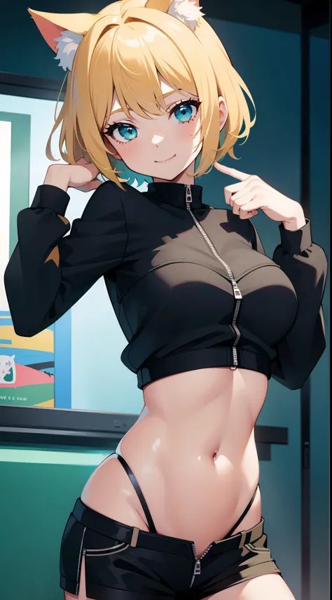 young girl, short blonde hair, turquoise eyes, Smile, cat ears, Black Top, black shorts, green jacket, open belly, zipper, Masterpiece, hiquality, 4k, HD, Good detail