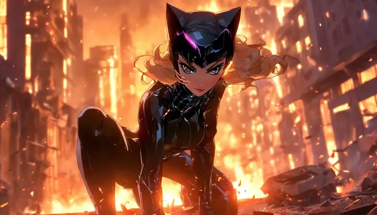 ((Best quality)), ((tmasterpiece)), ((realisticlying)), (A detailed), (Fotor is realistic:1.5), Futuristic Catwoman, (white business suit), Lights in armor, Network cap, looking at viewert, dynamicposes, postapocalyptic, Destroyed city funds, burning build...