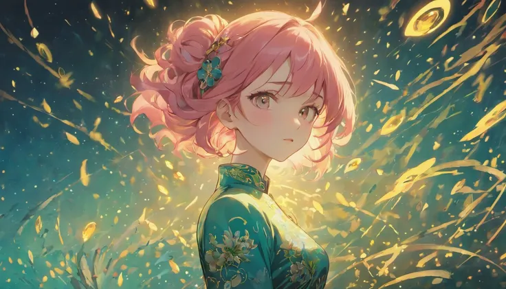 (Best quality,8K resolution,Masterpiece:1.2),A woman with pink hair in a turquoise cheongsam dress, voluptuous figure, surrounded by fireflies, Set against the starry night sky and lakeside, Sharp lines, Enhanced detail, Detailed facial features, Front vie...