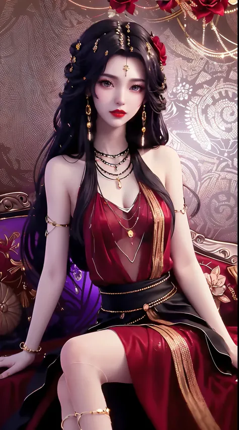 1 beautiful and sexy 20 year old girl, ((wearing a super thin red dress:1.6)), dress with diamonds, ((long purple-black hair:1.6)), bangs, elaborate jewelry made from stones noble and beautiful hair, ((wearing a black lace necklace:1.4))), noble, noble sty...