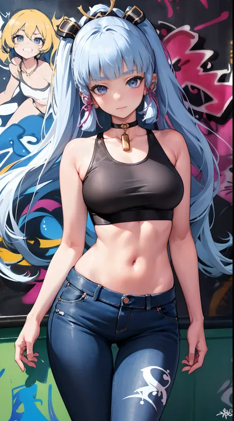 kamisato ayaka|genshin impact, master-piece, bestquality, 1girls,25 years old, proportional body, elongated legs, Beautiful, proportional., crop top, Long Jeans, mediuml breasts, ,bara, crop top, choker, (Graffiti:1.5), Splash with purple lightning pattern...