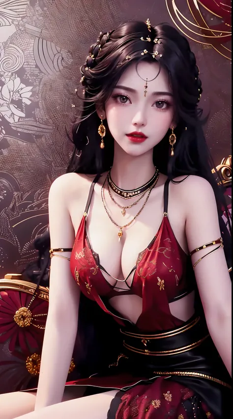 1 beautiful and sexy 20 year old girl, ((wearing a super thin red dress:1.6)), dress with diamonds, ((long purple-black hair:1.6)), bangs, elaborate jewelry made from stones noble and beautiful hair, ((wearing a black lace necklace:1.4))), noble, noble sty...