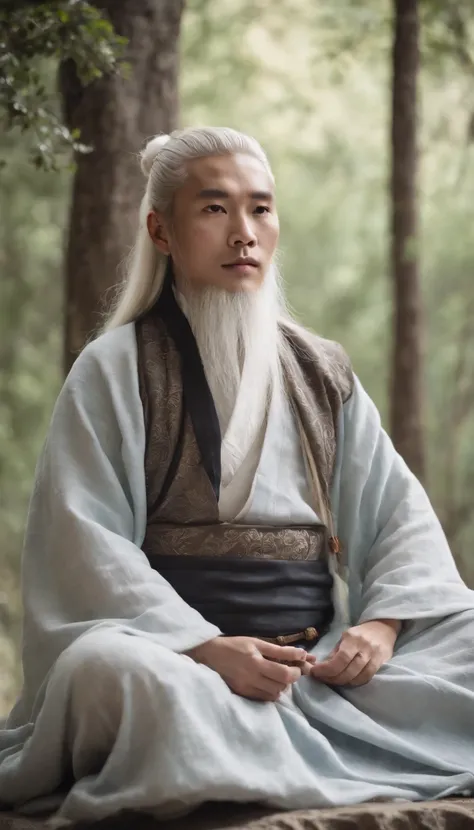 Close-up of a young Chinese Taoist leader sitting on a stone,long whitr hair，lbeard，Meditation cross-legged，Daoism, wearing gorgeous robes，magic aura，Taoist master,Taoist，at centre，staring right into camera，Very bright colors, Light particles, with light g...