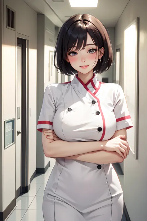 1lady solo nurse, /(nurse uniform/), /(short hair/), blush kind smile, (masterpiece best quality:1.3) delicate illustration ultra-detailed , large breasts BREAK /(hospital hallway/)