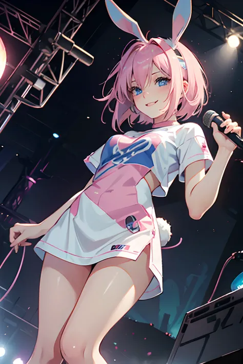 (Girl around 20 years old), solo, (pink bob hair), blue eyes, rabbit ears, (looking down:1.5), naughty smile, t-shirts, (sing with a microphone)