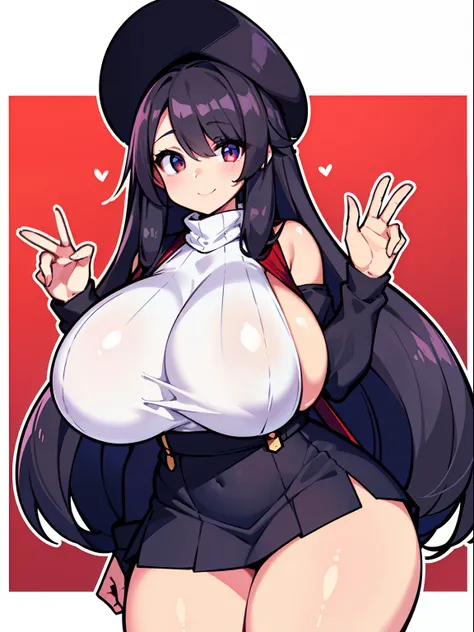 Best quality, (masterpiece:1.2), 1girl, super tall, black turtleneck sweater, no sleeves, super long curly black hair, super curly bangs, white sunhat, white pleated skirt, red shoulder bag, suspenders, dark tone skin, red background, (super massive breast...