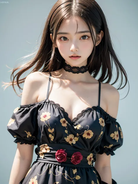 (masutepiece, Best Quality:1.2), 8K, 15yo student, 85 mm, Official art, Raw photo, absurderes, Pretty Face, close up, Upper body, violaceaess, gardeniass, Beautiful Girl(Brown Jasper Pattern Off Shoulder Dress:1.4) ,a choker:1.6)、Looking at Viewer, No make...