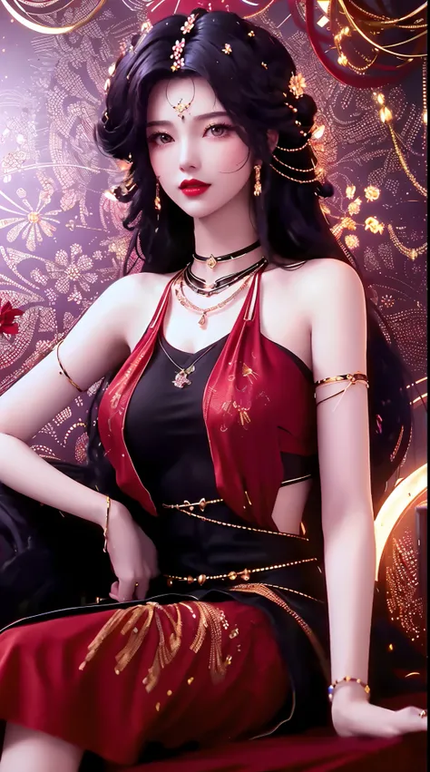 1 beautiful and sexy 20 year old girl, ((wearing a super thin red dress:1.6)), dress with diamonds, ((long purple-black hair:1.6)), bangs, elaborate jewelry made from stones noble and beautiful hair, ((wearing a black lace necklace:1.4))), noble, noble sty...