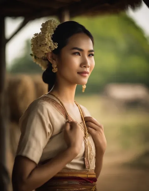 20-year-old woman, farmer, The face is as beautiful as a goddess., thailand, Traditional Thai folk costumes, Smooth white skin