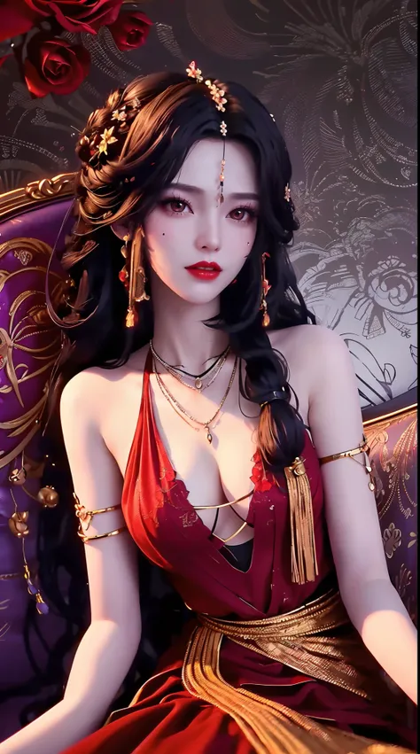 1 beautiful and sexy 20 year old girl, ((wearing a super thin red dress:1.6)), dress with diamonds, ((long purple-black hair:1.6)), bangs, elaborate jewelry made from stones noble and beautiful hair, ((wearing a black lace necklace:1.4))), noble, noble sty...