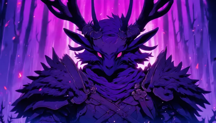 Knight Jackalope, short purple hair, jackalope antlers, dark armor(masterpiece, best quality)