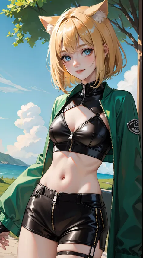 young girl, short blonde hair, turquoise eyes, Smile, cat ears, Black Top, black shorts, green jacket, open belly, zipper, Masterpiece, hiquality, 4k, HD, Good detail