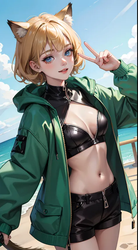 young girl, short blonde hair, turquoise eyes, Smile, cat ears, Black Top, black shorts, green jacket, open belly, zipper, Masterpiece, hiquality, 4k, HD, Good detail