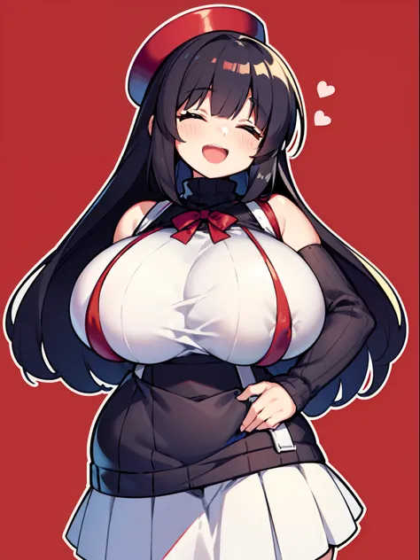 Best quality, (masterpiece:1.2), 1girl, super tall, black turtleneck sweater, no sleeves, super long puffy black hair with super puffy bangs, white sunhat, white pleated skirt, red shoulder bag, suspenders, dark tone skin, red background, (super massive br...