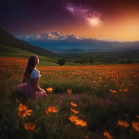 ((1girl in)), Vast landscape photos, (From below, Upper air, open fields below), Boy standing in a flower field and looking up, (fullmoon: 1.2), (Meteor: 0.9), (nebulas: 1.3), mountain in the distance, Tree BREAK making art, (Warm light source: 1.2), (fire...