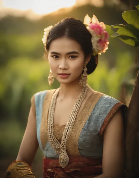 20-year-old woman, farmer, The face is as beautiful as a goddess., thailand, Traditional Thai folk costumes, Smooth white skin