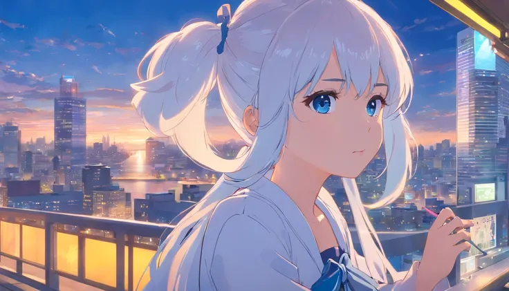 White color hair，Double ponytail curls，blue color eyes，White Lolita，Beth，busy cityscape