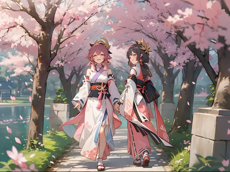 Genshin Impact, Kamisato Ayaka Walking with yae miko, laughing together, cute, Sakura trees, cherry blossom, beautiful scenery, elegant