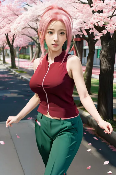 anime - style woman in red top and green pants walking down a street, haruno sakura, sakura haruno, sakura haruno in slug sage mode, sakura petals around her, from naruto, realistic anime 3 d style, 3 d anime realistic, photorealistic anime, photorealistic...