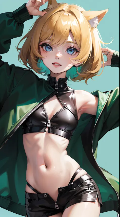 young girl, short blonde hair, turquoise eyes, Smile, cat ears, Black Top, black shorts, green jacket, open belly, zipper, Masterpiece, hiquality, 4k, HD, Good detail