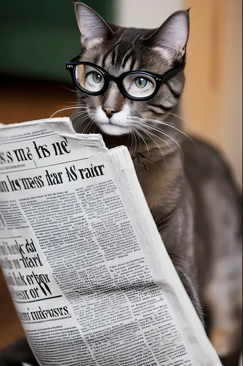 A cat with glasses reads a newspaper