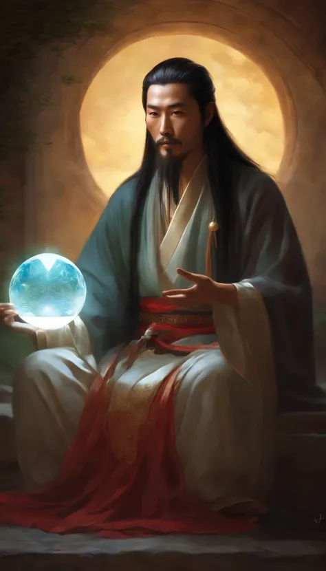 Close-up of a young Chinese Taoist leader sitting on a stone，Long hair，short mustache，Holding a glowing crystal ball in his hand，staring right into camera，Meditate cross-legged, at centre，Clear facial features，Very bright colors, Light particles, with ligh...