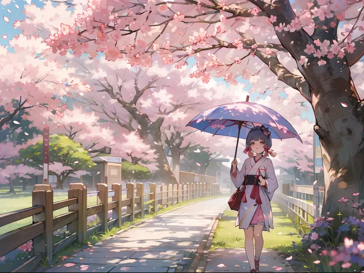 Genshin Impact, Kamisato Ayaka Walking, sakura trees, cherry blossom, holding umbrella, beautiful and highly detailed scenery, cute