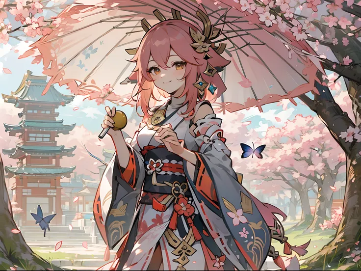 Genshin Impact, Yae miko walking, sakura trees, cherry blossom, holding umbrella, smiling, cute and adorable, butterflies